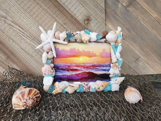 Seashell and sea glass "5x7" picture frame, handmade with SW Florida seashells and sea glass in shades of blue and aqua, wedding gift.