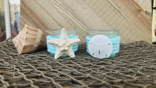 Set of 2 seafoam coastal candle holders for tealight or votive candles. Perfect for your beach house or beach wedding. Seashell accents