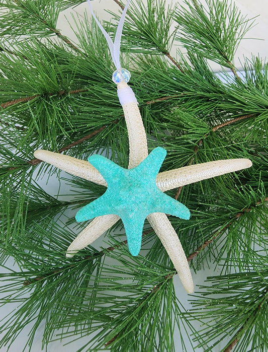 Starfish, sea glass and seashell holiday beach ornament. Aqua seaglass with natural pencil starfish and seashells. Approx 4-5 inch startish.