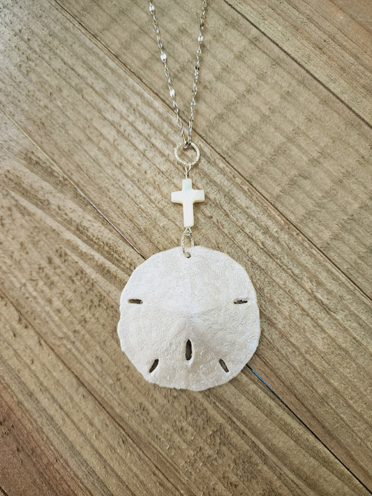 Real handmade sand dollar necklace, accented with an ivory genuine shell cross charm. Perfect for an Easter gift or Easter accessory.