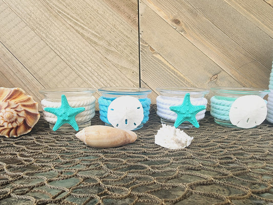 Coastal tea light candle holder, beach house decor, beach wedding centerpiece, starfish and sand dollar candle holder, nautical rope
