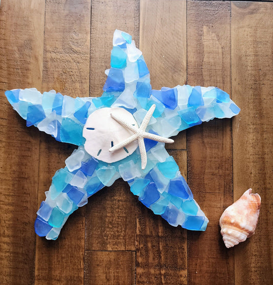 Sea glass starfish wall art hanging (12"x12") in blue, aqua, turquoise and white, finished with a sand dollar and starfish.