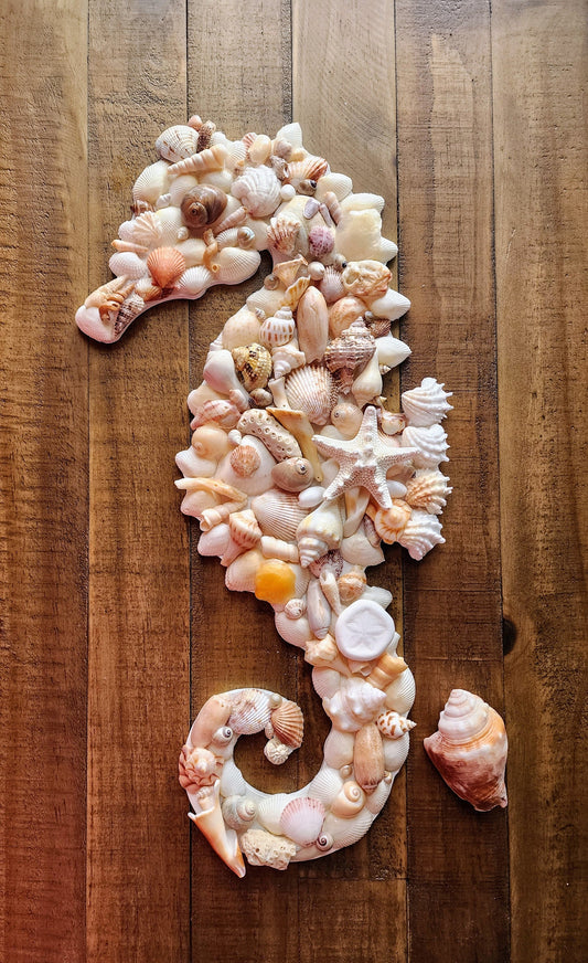 Seashell seahorse wall art, 18" x 9" coastal wall hanging, seahorse beach decor, natural seashell art, beach house decor, housewarming gift.
