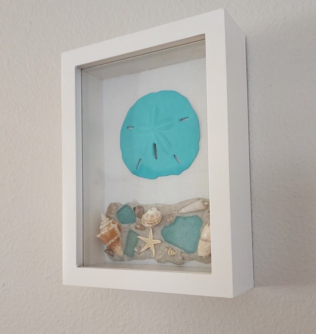 Beach, seashell and sea glass "5x7" shadow  box, handmade with SW Florida sand and shells in shades of blue and aqua, housewarming gift.
