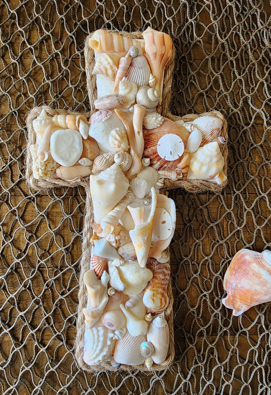 Coastal seashell cross 12x7 wall art.  Perfect for a beach wedding, wedding gift, housewarming gift, or to add to your beach house decor
