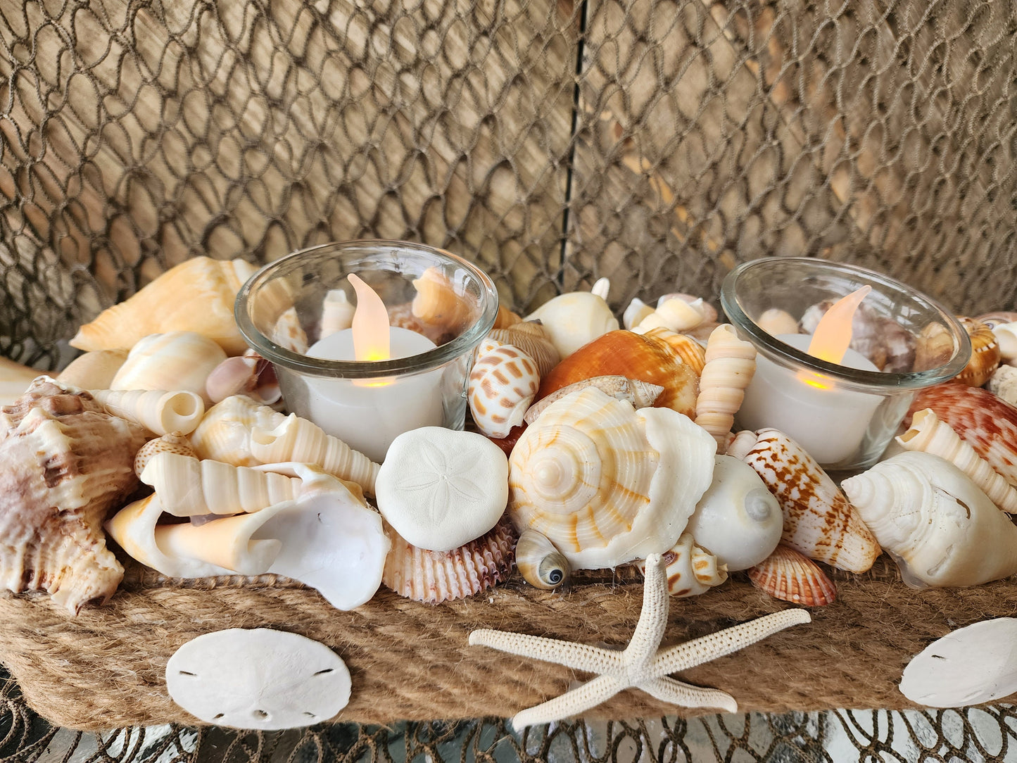 Coastal seashell candle holder centerpiece. Perfect as a beach wedding centerpiece, beach wedding gift, or to complement your coastal decor