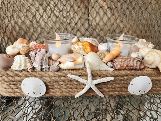 Coastal seashell candle holder centerpiece. Perfect as a beach wedding centerpiece, beach wedding gift, or to complement your coastal decor