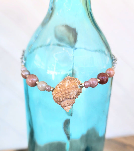 Genuine turban shell bracelet or anklet accented with semi-precious sun stone beads on silver beaded cable style stainless adjustable chain.