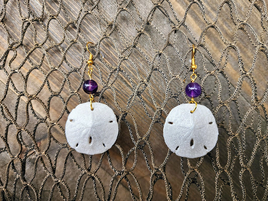 Real sand dollar earring set with genuine amethyst beads. Handmade Sand dollar earrings, Boho seashell earrings, beach earrings.